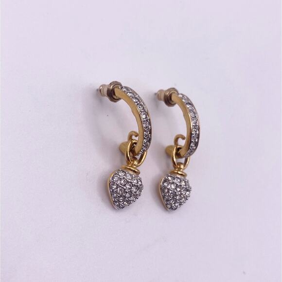 Vintage Gold Plated Two Tone Pave Rhinestones Heart Drop Half Hoop Studs - Picture 2 of 6